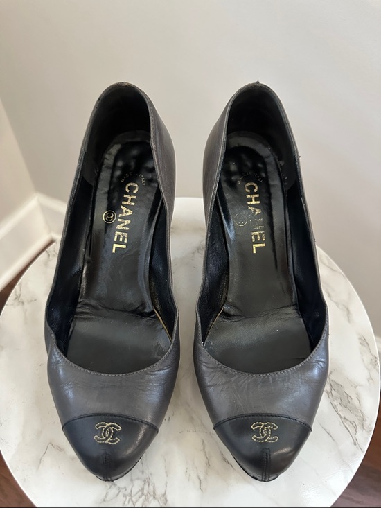 CHANEL Shoes - CHANEL Black and Gray Leather Cap-Toe Pumps